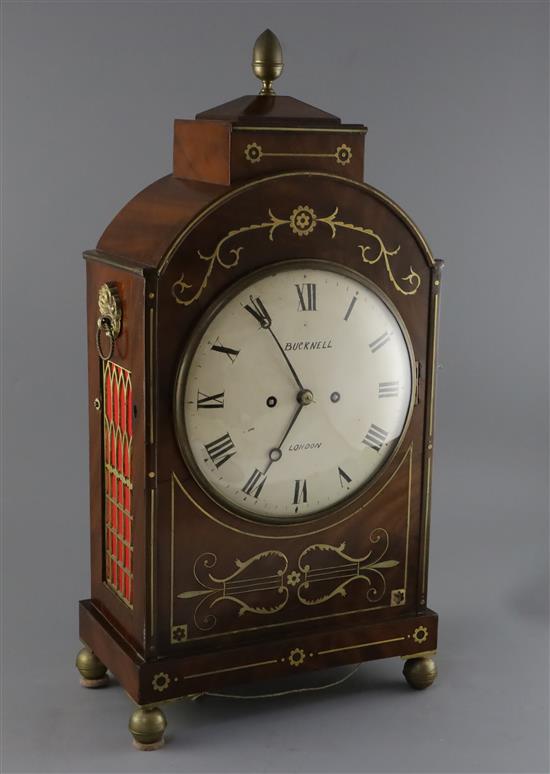 Bucknell of London. A Regency brass inset mahogany hour repeating bracket clock, H.22in.